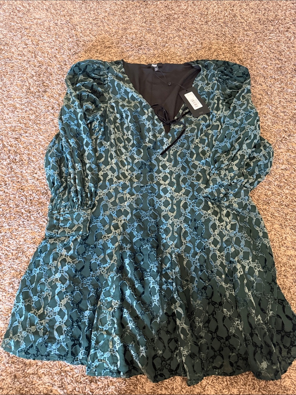 PAIGE Green velvet Print Puff Sleeve V-Neck Women's Top